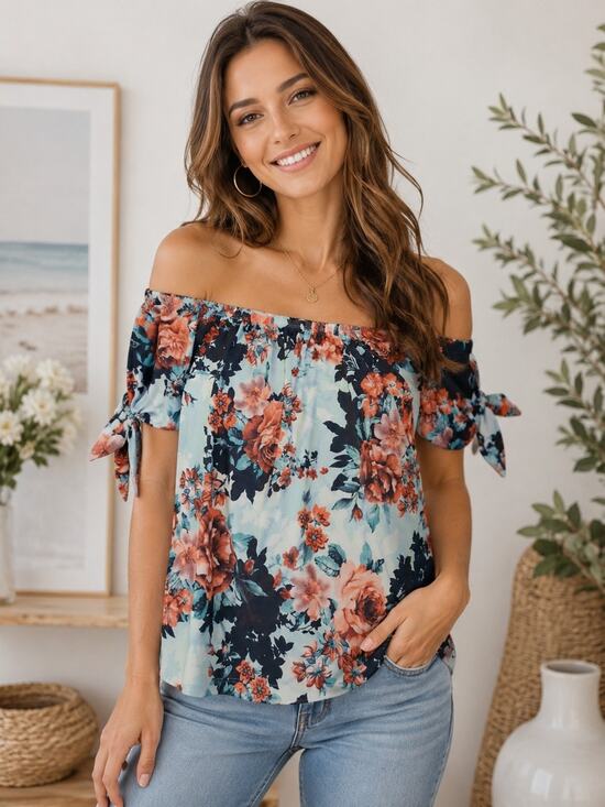 HEIMISH USA Tops - HEIMISH USA Off-Shoulder Floral Blouse in Light Blue and Coral Cottagecore Boho